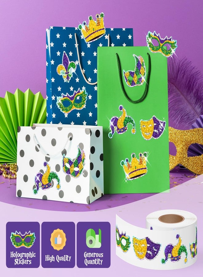 Kirako 500Pcs Mardi Gras Stickers Roll Holographic Laser Yellow Green Purple Fleur de Lis Waterproof Self-Adhesive Decals for New Orleans Carnival Holiday DIY Crafts Party Favors Gifts Envelope Journal Decor - Image 3